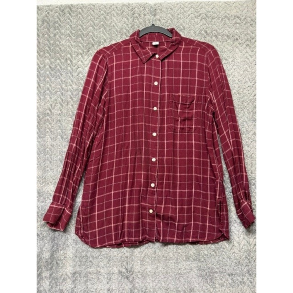 Old Navy Burgundy Grid Plaid Button Down Shirt Long Sleeve Rayon Top Large 0706